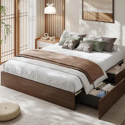 Vista 28 de Garvee Marco de cama individual, cama de plataforma de madera con diseño estriado Base de cama de perfil bajo, base de cama minimalista sin ruido