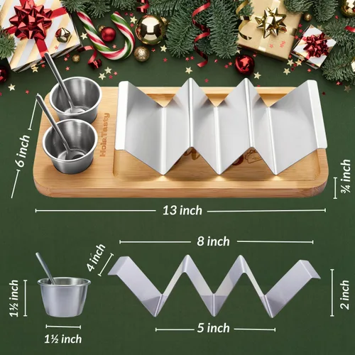 Vista 4 de Kit de Soportes para Tacos, Set 3-en-1 - Soporte para Concha de Taco + Bandeja de Servicio + Taza para Salsa, Plato de Presentación para Tacos