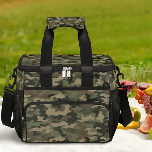 Vista 7 de Lonchera térmica reutilizable a prueba de fugas, bolsa de almuerzo aislada con diseño de camuflaje del ejército con patrón de camuflaje para mujeres