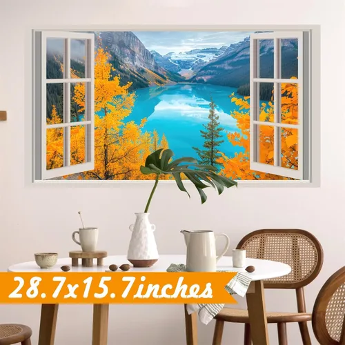 Vista 2 de Calcomanías de pared 3D de naturaleza falsa para ventanas, bosque de otoño, árbol, murales de pared, calcomanías para despegar y pegar, calcomanías