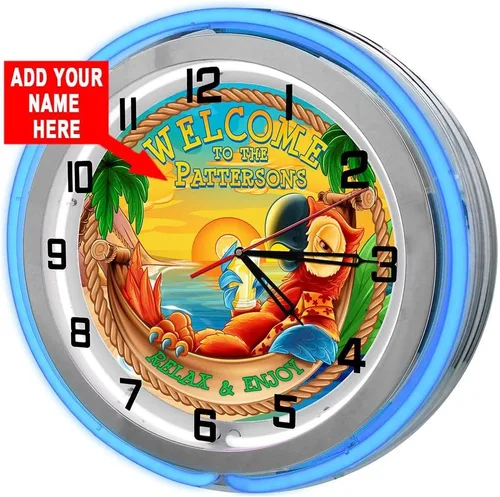 Vista 2 de Reloj de garaje personalizado Tiki Parrot Beach Bar de 18 pulgadas, color azul, doble neón, de Redeye Laserworks