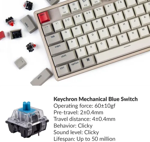 Vista 2 de Keychron Teclado mecánico inalámbrico para juegos K8 de 87 teclas para Mac multitarea tipo C con cable para Windows con teclado mecánico azul