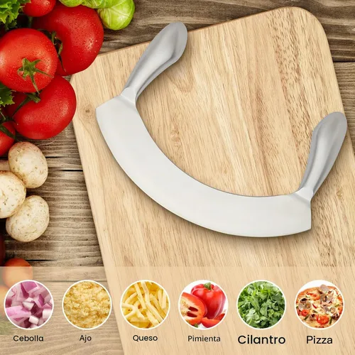 Vista 4 de Cuchillo Mezzaluna de 8.7 pulgadas con tabla de cortar de madera, cortador de ensalada de acero inoxidable, cortador de pizza, cuchillo basculante