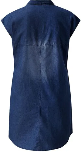 Vista 5 de Vestido de mezclilla para mujer, de manga corta, desgastado, vestido de mezclilla midi con vuelo, suelto, con botones, casual, túnica