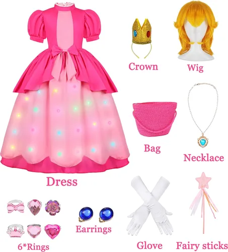 Vista 2 de Disfraz de princesa melocotón iluminado para niñas, disfraz de Halloween, fiesta de cosplay, cumpleaños, con accesorios de corona