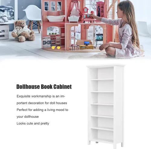 Vista 5 de RTLR Gabinete de libros para casa de muñecas, decoración de simulación, casa de muñecas de abedul en miniatura, a escala 1:12 para el hogar