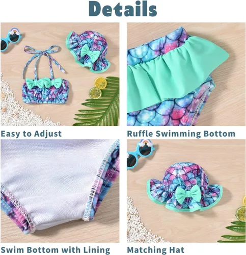 Vista 4 de Aalizzwell Conjunto de bikini de 3 piezas para niñas pequeñas con sombrero