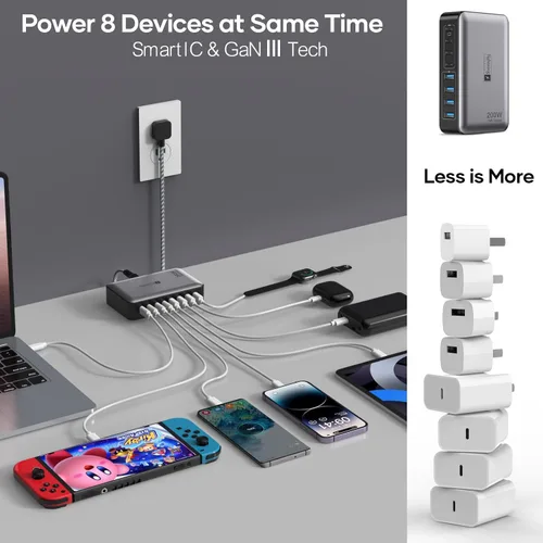 Vista 6 de Bloque de carga rápida USB C de 200 W, estación de carga de 8 puertos para iPhone/iPad/MacBook, caja de cargador 4C4A GaN, cargadores múltiples