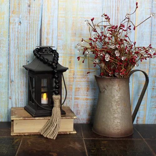 Vista 3 de CVHOMEDECO. Guirnalda de cuentas de madera con borlas, 3 piezas de cuentas rústicas de madera rústica para oración para colgar en la pared para Negro