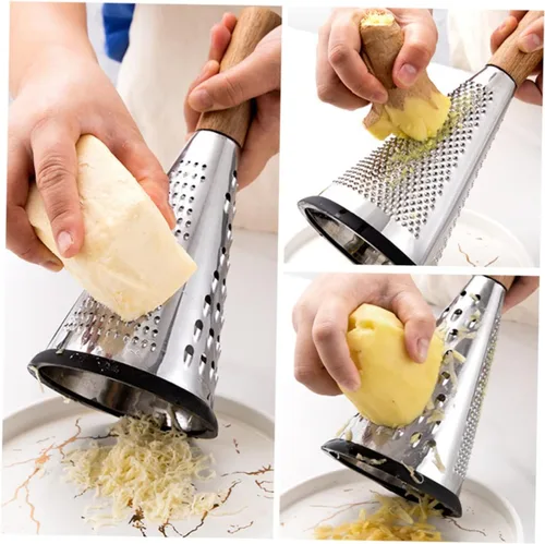 Vista 4 de MERRYHAPY Rallador de queso manual con mango de metal, forma de cono de 3 lados, rallador de queso vegetal para cocina