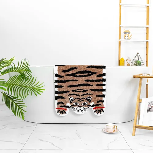 Vista 3 de Alfombra de baño con forma de tigre marrón lindo para baño, antideslizante, absorbente, decoración de animales de dibujos animados, alfombra