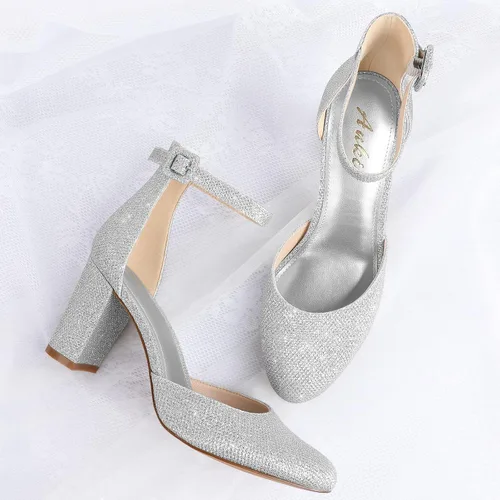 Vista 4 de Ankis Tacones cerrados para mujer, negro, nude, blanco, plateado, dorado, tacones cerrados con punta redonda y bloque grueso, 3 pulgadas
