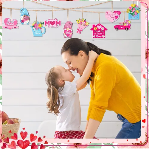 Vista 7 de Patelai 36 Piezas Adornos del Día de la Madre para Árbol Gnomo Rosa Floral Flores Mejor Mamá Amo a Mamá Letrero de Madera Decoraciones de Árbol