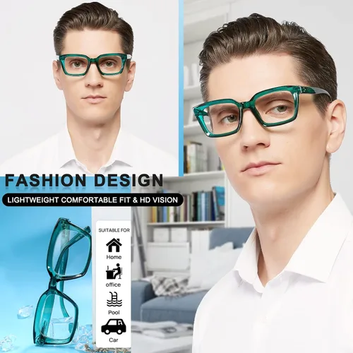 Vista 2 de MARE AZZURO Gafas de lectura cuadradas retro 1.00 para hombres lectores grandes 100 125 150 175 200 225 250 275 300 350 400 500 600 (Verde, 1.0)