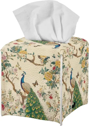 Vista 11 de Caja de pañuelos cuadrada para caja de pañuelos faciales, organizador de servilletas de pavo real, dispensador para dormitorio, oficina, decoración