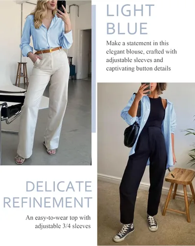 Vista 27 de Odosalii - Camisas con botones para mujer, con cuello en V, manga larga, enrolladas, blusas elegantes y formales para negocios y ocasiones casuales