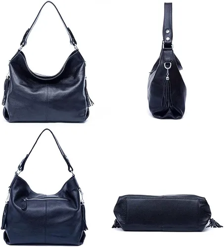 Vista 3 de Bolso de mano de piel auténtica con borla para mujer, color negro y blanco
