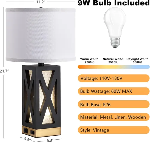 Vista 5 de Lámpara de mesa de madera con 3 temperaturas de color, lámpara de mesa de noche con salida de CA, puerto de carga USB A y C, lámpara de noche