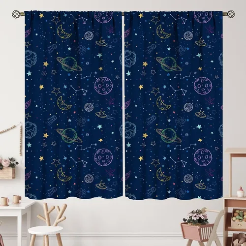 Vista 42 de Cortinas de planeta galaxia, espacio exterior, universo, nebulosa, estrellas, cielo estrellado, con bolsillo para cortinero, para sala de estar