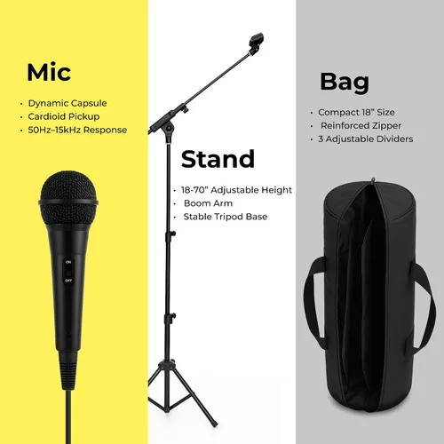 Vista 3 de Bowens Micrófono dinámico para cantar con soporte de micrófono ajustable (18-70 pulgadas), pluma de 17 pulgadas, micrófono de mano para altavoces
