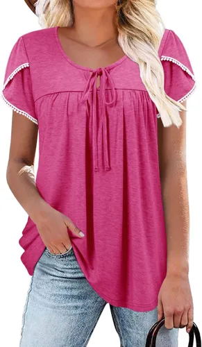 Vista 16 de BETTE BOUTIK Blusas de verano para mujer, plisadas, de manga corta, con cordón, cuello redondo, tallas S-3XL