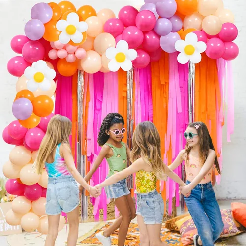 Vista 8 de Telón de fondo con flecos de arco de globos de color rosa y naranja, kit de arco de guirnalda de globos de margarita, serpentinas geniales