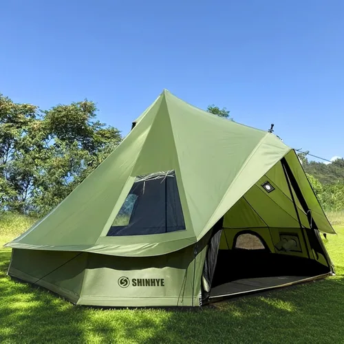 Vista 13 de Tienda de campaña Bell Yurt con gato de estufa, tienda de campaña de lujo impermeable para 4 estaciones, tela Oxford 420D, tiendas de campaña verde