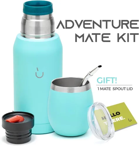 Vista 4 de BALIBETOV Kit Mate – Incluye 1 Taza Mate, 1 Bombilla Pajita y 1 Termo con 2 Tapones – Calabaza de Acero Inoxidable con Tapa (Aqua)