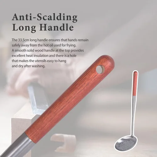 Vista 4 de iBasingo & Boundless Voyage Titanium Skimmer Cucharón Herramienta de cocina ligera con mango de madera Colador de alimentos Colador Herramientas