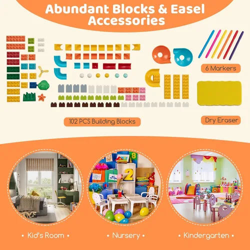 Vista 4 de Costzon Juego de mesa y silla 6 en 1 para niños, caballete de arte plegable con marcadores, borrador, 102 ladrillos compatibles, mesa de bloques