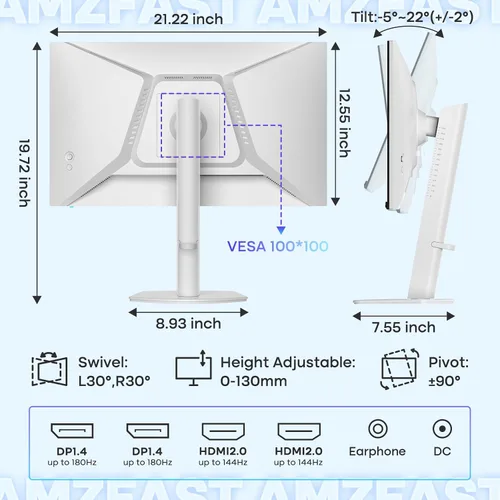 Vista 9 de Amzfast Monitor para juegos de 24 pulgadas 180Hz QHD (2560 × 1440), monitor IPS rápido, compatible con G-SYNC de 1 ms, altavoces incorporados, 96%