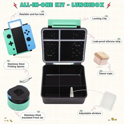 Vista 2 de Caja Bento Game para niños, lonchera con termo (tarro de comida de 9 onzas), cuchara plegable, divisor extraíble y taza de salsa, lonchera infantil