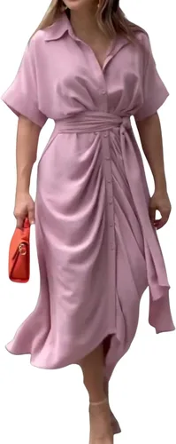 Vista 2 de CHARTOU Elegante vestido de blusa irregular de manga corta con botones y cinturón para mujer