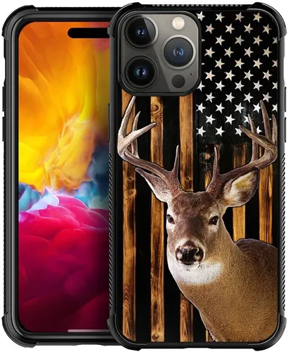 Vista 351 de Funda compatible con iPhone 8, a prueba de golpes, antiarañazos, bandera de ciervos de cola blanca de grano de madera estadounidense