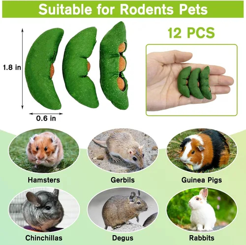 Vista 2 de Fhiny Juguetes masticables de hámster para dientes, 12 piezas de bocadillos de conejillo de indias en forma de Peapods, hierba Timothy natural