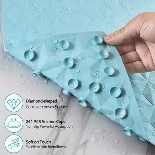 Vista 3 de Tapete antideslizante de goma natural para bañera y ducha, tapete de seguridad de 16 x 28 pulgadas con ventosas, delicado patrón de diamante, más