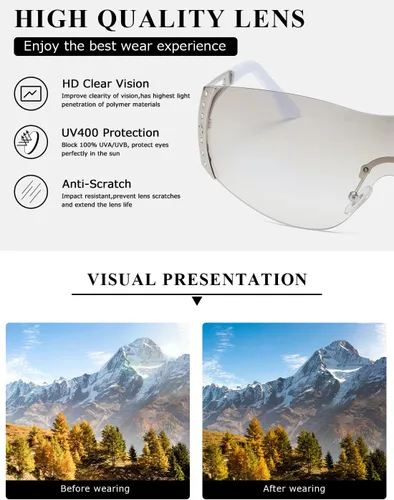 Vista 7 de kimorn Gafas de sol Y2K envolventes para mujeres y hombres, con escudo plano, tecnología futurista, sin marco, K1344
