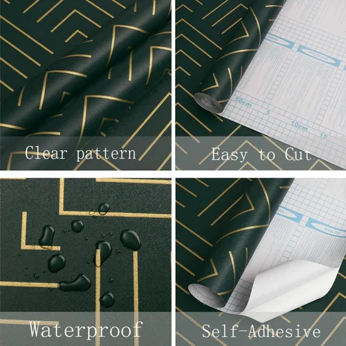Vista 4 de Heroad Papel tapiz para despegar y pegar, color verde oscuro y dorado, papel tapiz geométrico, papel adhesivo verde oscuro y dorado, autoadhesivo