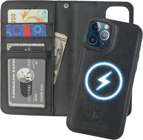 Vista 19 de Bocasal Funda tipo cartera compatible con iPhone 12 e iPhone 12 Pro con soporte para tarjetas de cuero PU magnética desmontable con soporte plegable