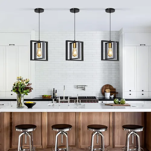 Vista 19 de Lámpara colgante estilo granja, luces colgantes negras para isla de cocina, luz colgante de metal industrial y madera vintage, lámpara de techo