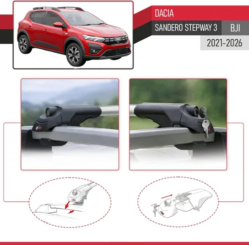 Vista 4 de Compatible with Dacia Sandero Stepway 3 2021-2025 ACE-1 Car Roof Rack Cross Bar Grey Aluminium 2 Bars