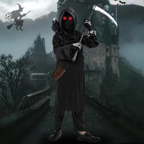 Vista 2 de Onory Disfraces de Halloween para niños, disfraz de la parca para niños, conjunto de fantasmas aterradores, cosplay, recuerdos de fiesta de Halloween