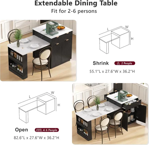 Vista 7 de Merax Isla de cocina acanalada de 82.6 pulgadas con mesa de comedor extensible para 4-6, mesa de isla para cocina con toma de corriente, mesa