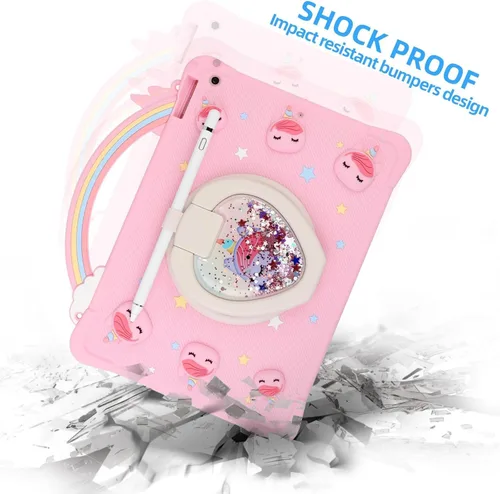 Vista 4 de [Funda de Unicornio con Mango de Arcoíris Súper Linda] Compatible con iPad 7 2019 Funda Protectora para Niños Niñas con Correa de Mano y Soporte