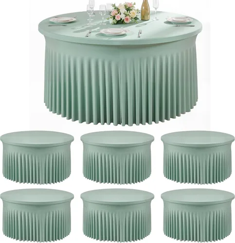 Vista 16 de Paquete de 6 manteles redondos de elastano azul bebé para mesa de 60 pulgadas, manteles elásticos de 120 pulgadas ajustables de 5 pies, manteles