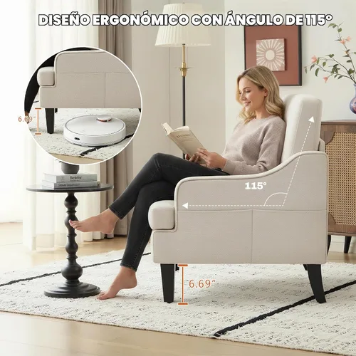 Vista 4 de Silla decorativa para sala de estar, sillón de mediados de siglo, sillas de sala de estar, silla de lectura tapizada para dormitorio, sofá Beige