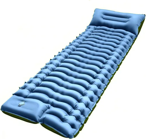 Vista 10 de FUN PAC Almohadilla de dormir para acampar con almohada Bomba de pie incorporada Esterilla de dormir inflable compacta para acampar mochilero Azul