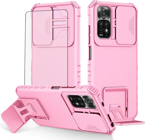 Vista 10 de Asuwish Funda de teléfono para Xiaomi Redmi Note 11S/11 4G con protector de pantalla de vidrio templado y cubierta de cámara deslizante Soporte Negro