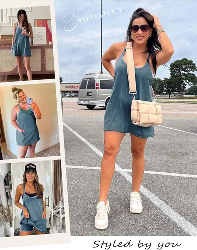 Vista 2 de Yidarer - Vestido corto deportivo de verano para mujer, sin mangas, con tirantes delgados, pantalones cortos incorporados, con cuello redondo