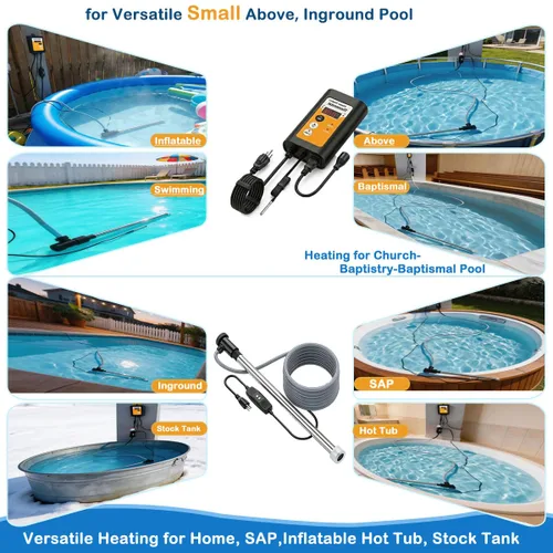 Vista 3 de Calentador de baptisterio sumergible de 1500 W, calentador de agua de inmersión 316SS para piscina bautismal y jacuzzis, calentador de agua portátil